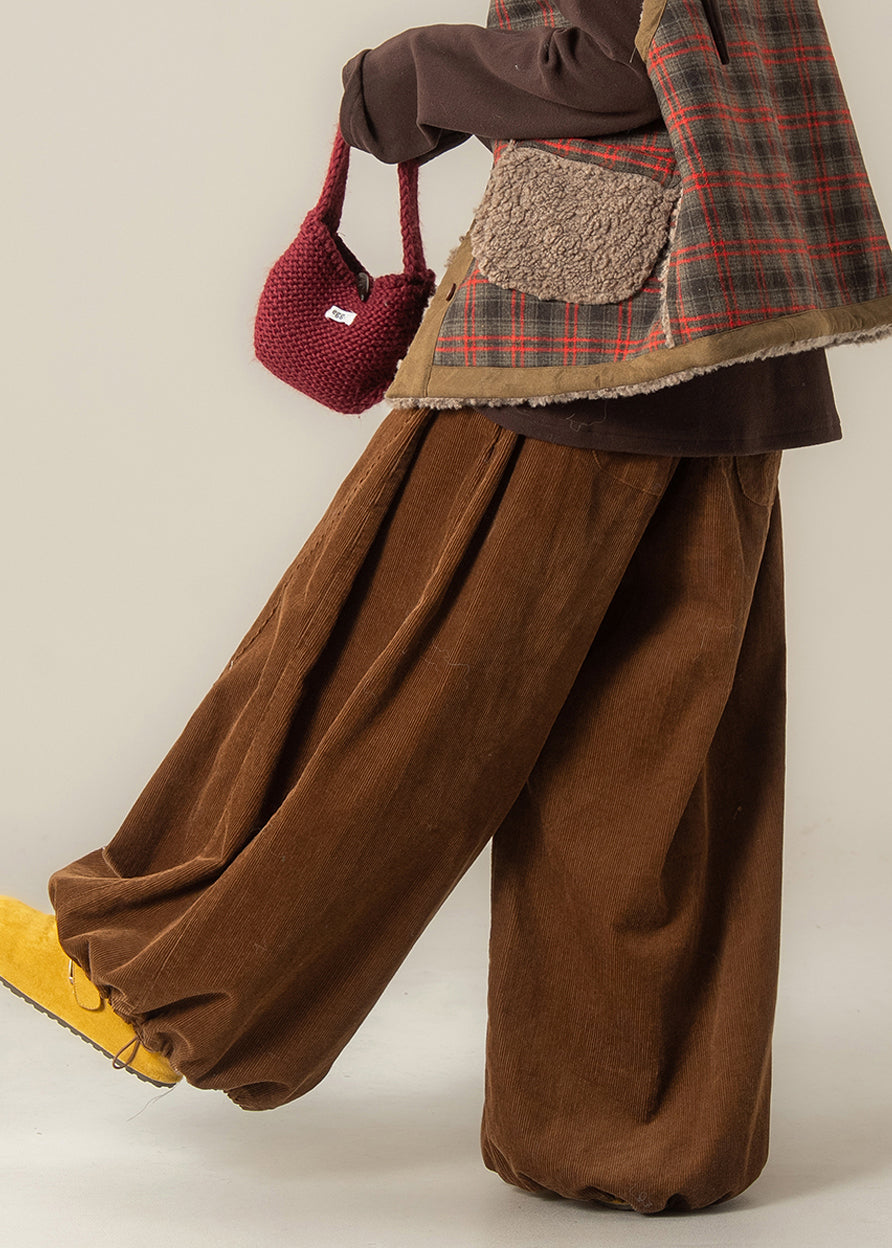 Plus Size Brown Oversized Drawstring Corduroy Wide Leg Pants Spring