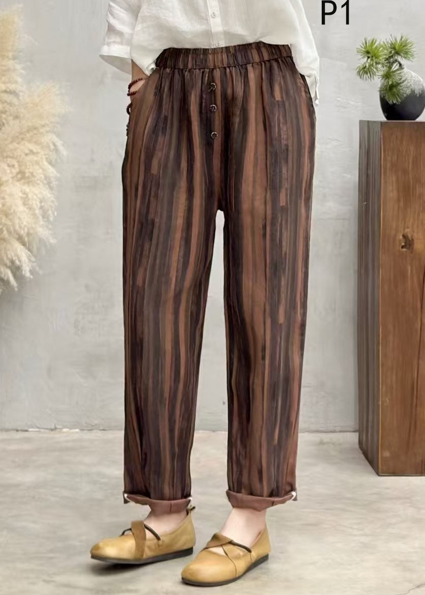 Plus Size Brown Oversized Print Linen Harem Pants Summer