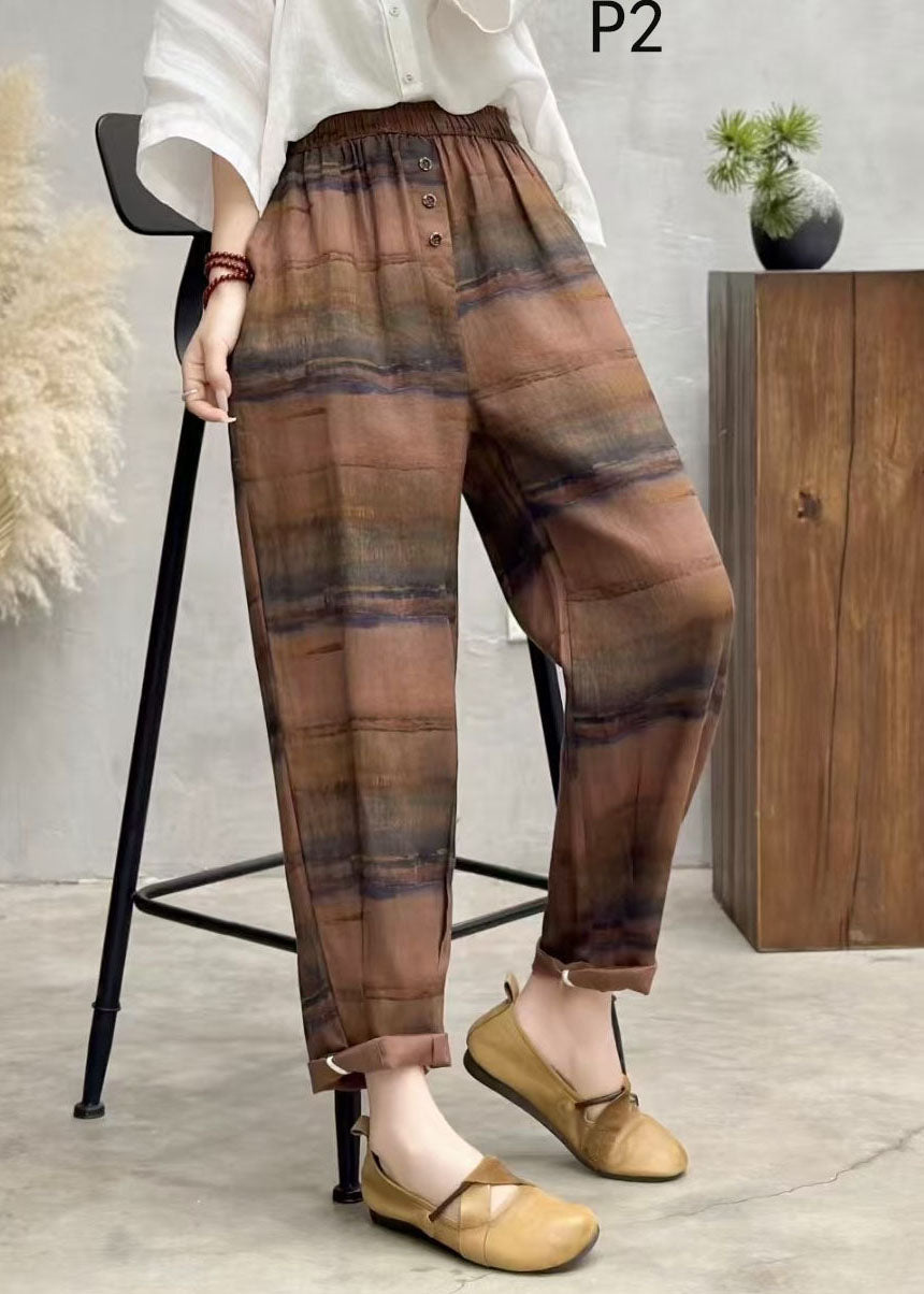 Plus Size Brown Oversized Print Linen Harem Pants Summer