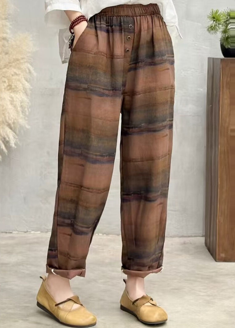 Plus Size Brown Oversized Print Linen Harem Pants Summer