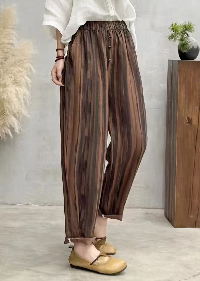 Plus Size Brown Oversized Print Linen Harem Pants Summer
