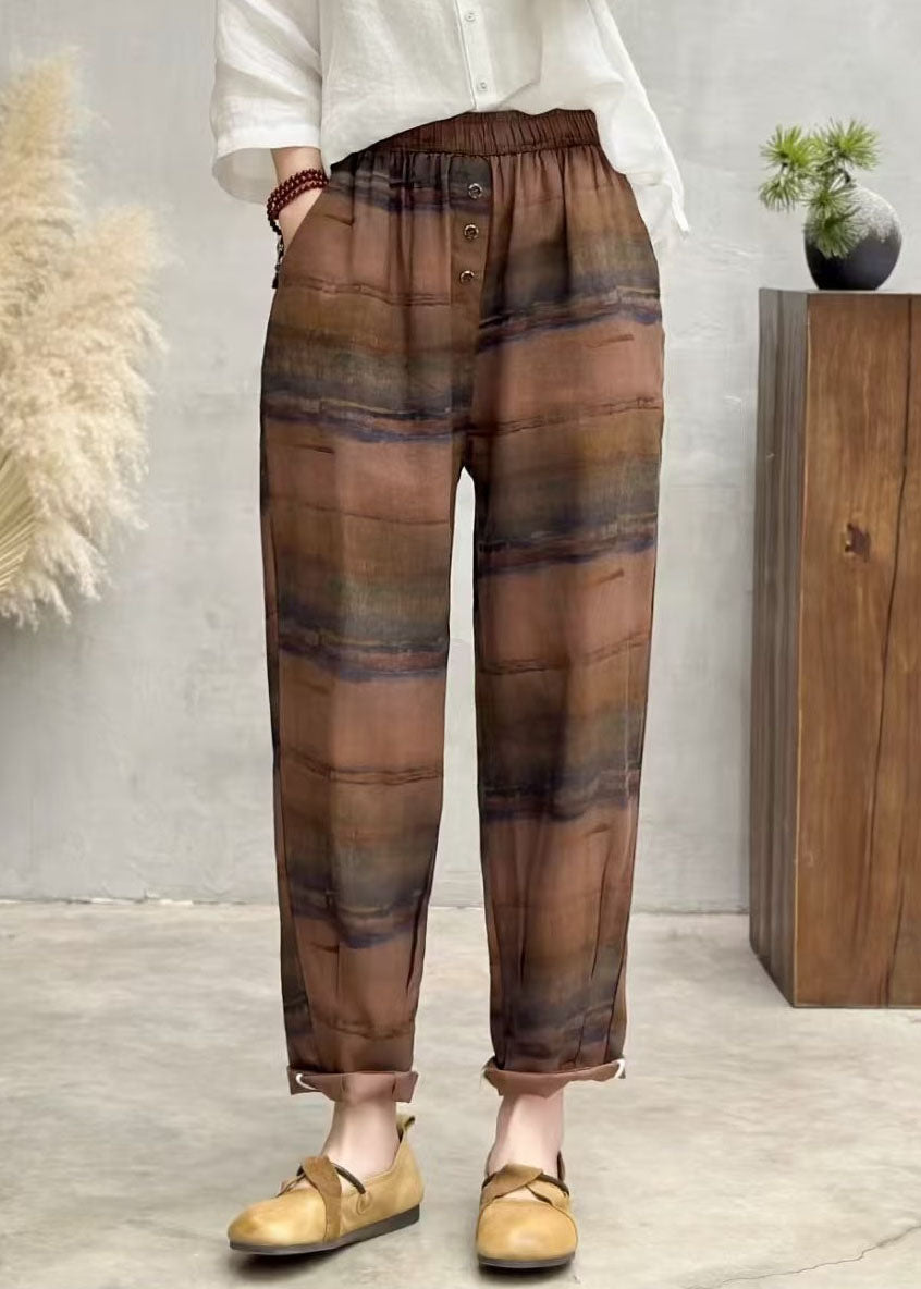 Plus Size Brown Oversized Print Linen Harem Pants Summer