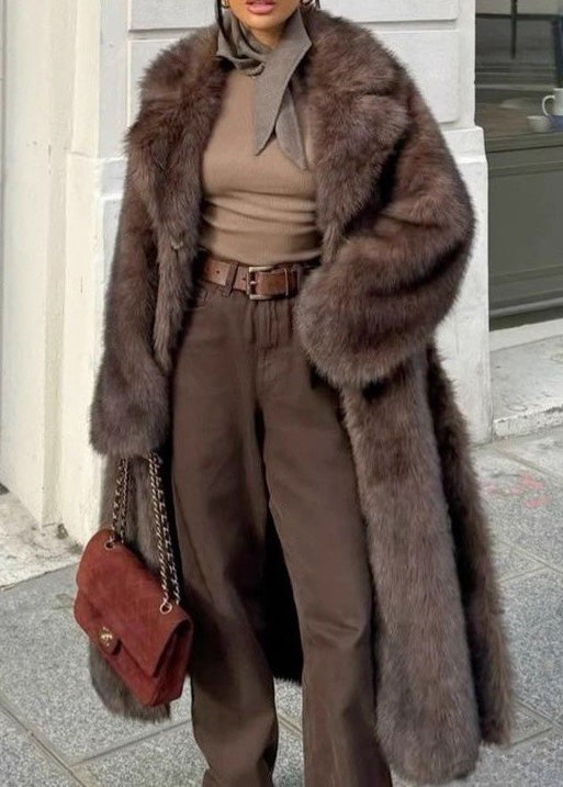 Plus Size Brown Peter Pan Collar Pockets Faux Fur Coats Winter