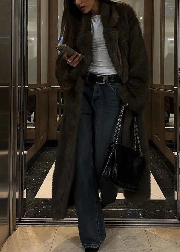 Plus Size Brown Peter Pan Collar Pockets Faux Fur Coats Winter