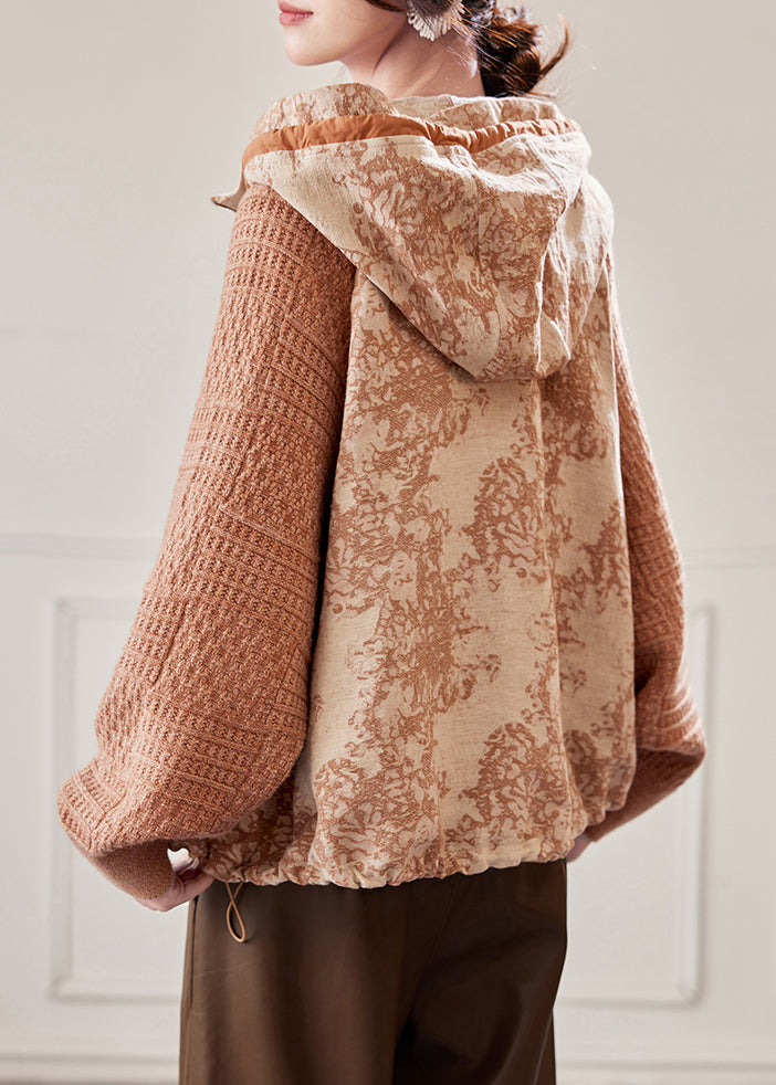 Plus Size Caramel Hooded Drawstring Knit Patchwork Coat Fall