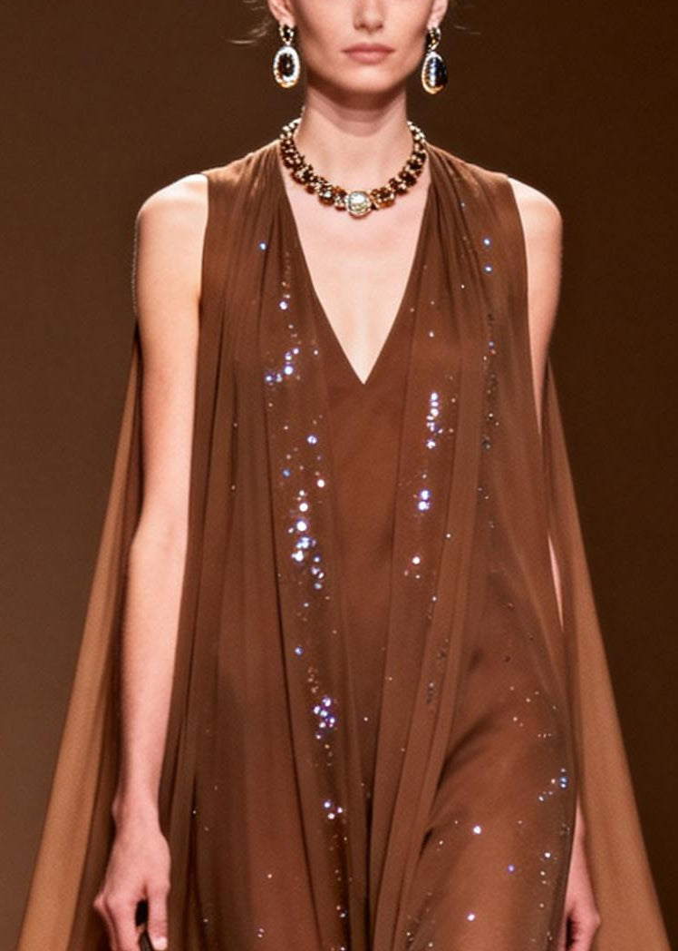 Plus Size Choaolate Oversized Rhinestone Chiffon Maxi Dresses Sleeveless
