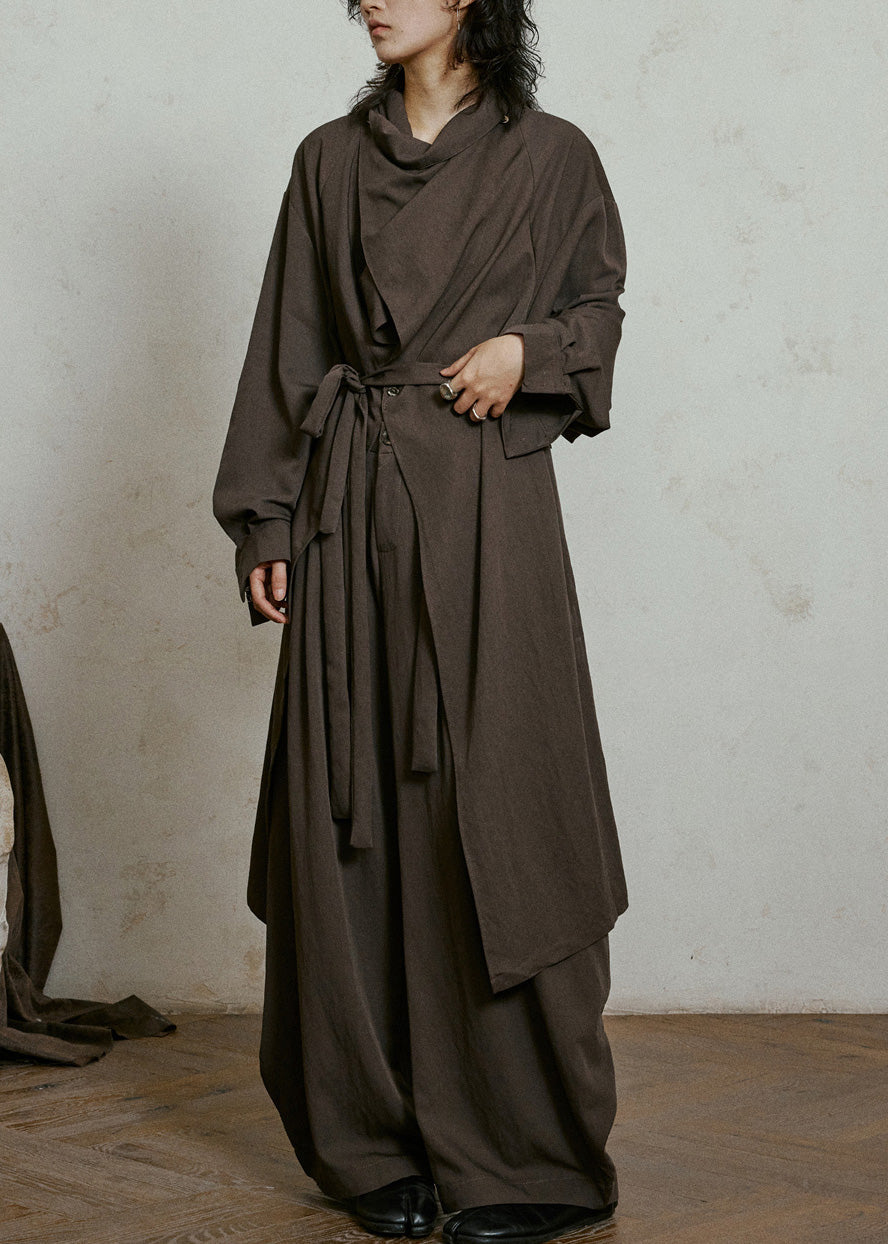 Plus Size Chocolate Bow Pockets Maxi Trench Coats Lantern Sleeve