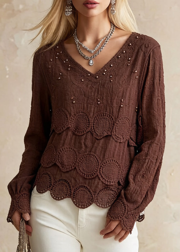 Plus Size Chocolate Casual Embroideried Hollow Out Fall Long sleeve Shirt Tops