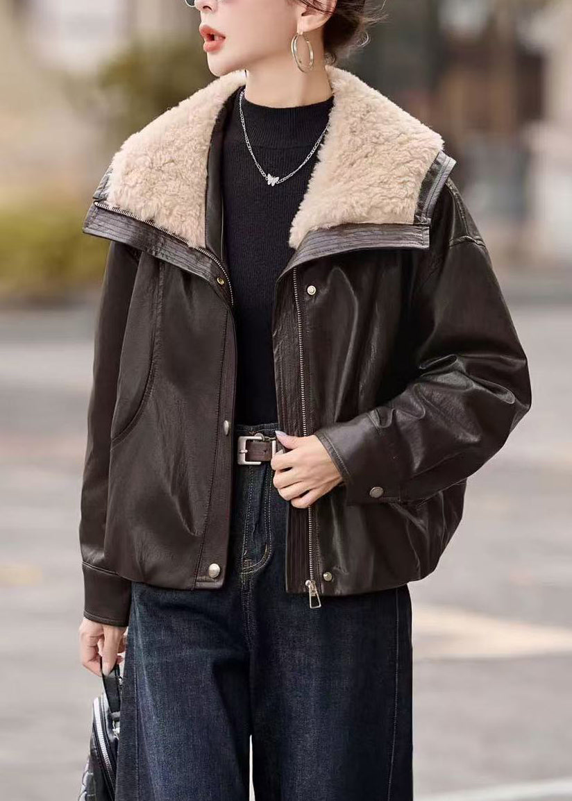 Plus Size Chocolate Fur Collar Oversized Duck Down Faux Leather Coats Winter