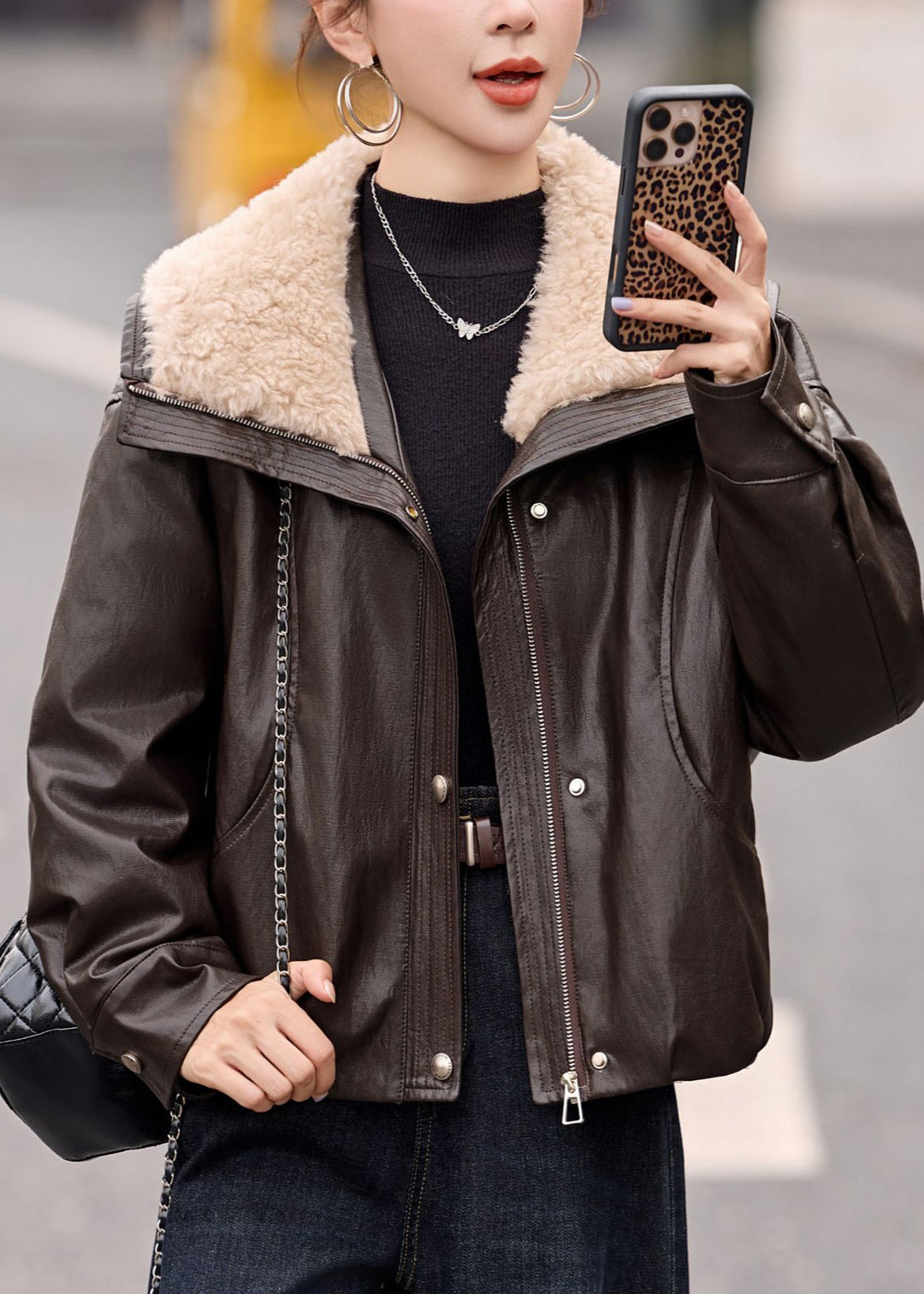 Plus Size Chocolate Fur Collar Oversized Duck Down Faux Leather Coats Winter