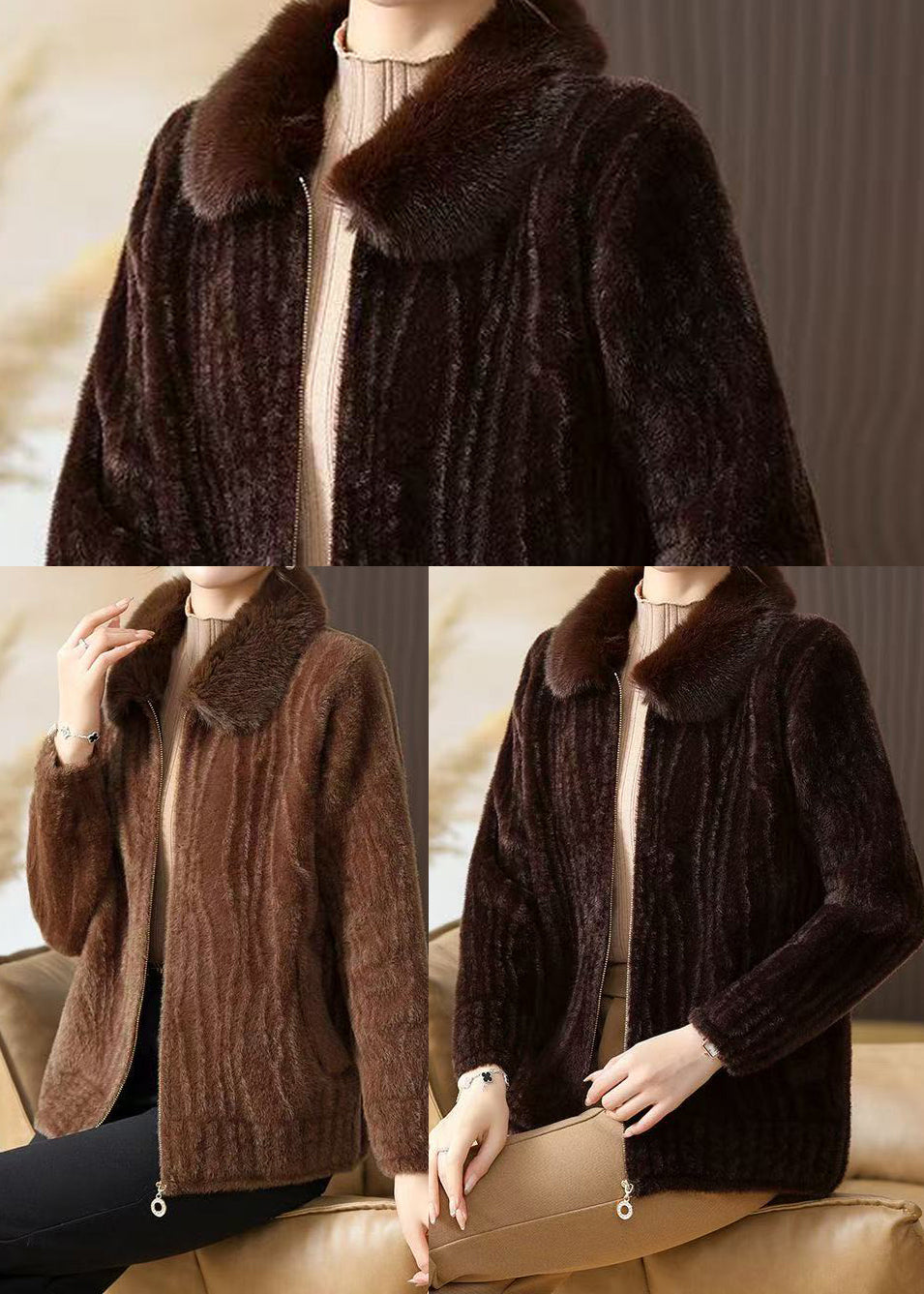 Plus Size Chocolate Fur Collar Warm Mink Velvet Jacket Winter