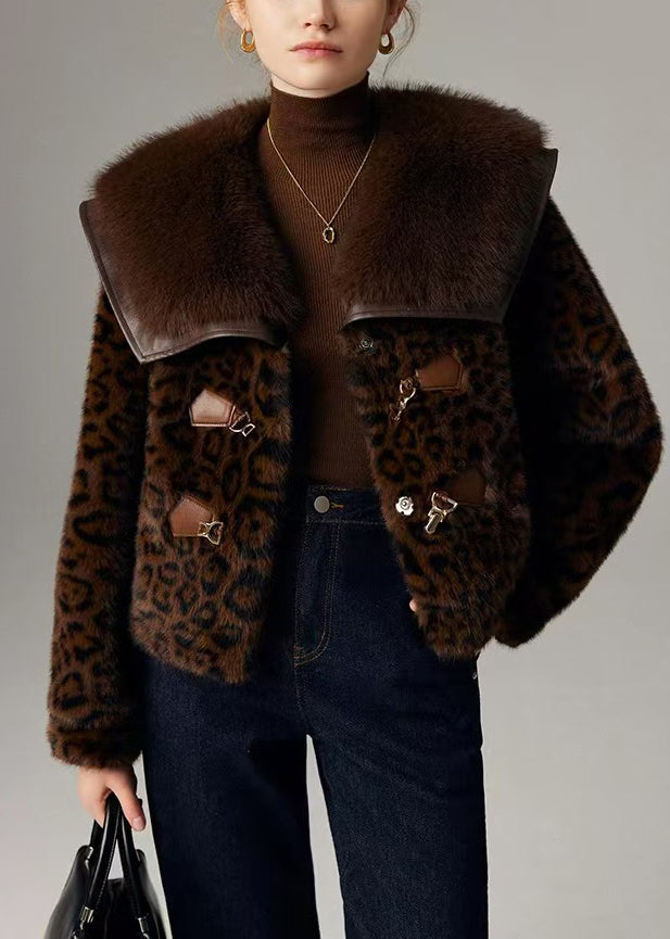 Plus Size Chocolate Leopard Patchwork Mink Velvet Jacket Winter