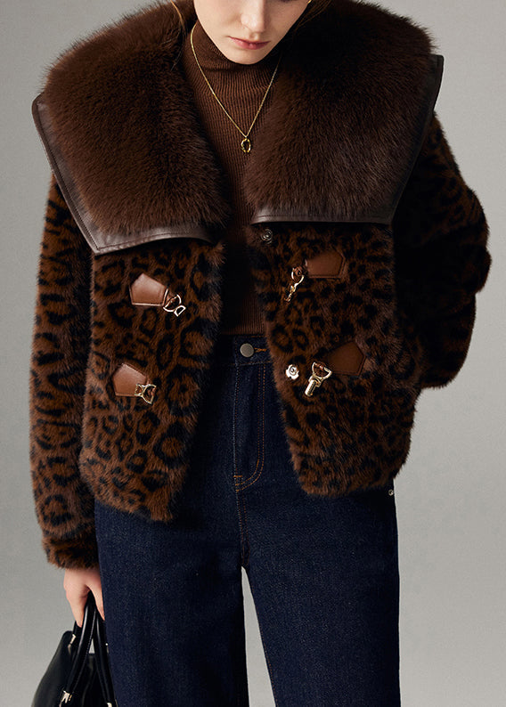 Plus Size Chocolate Leopard Patchwork Mink Velvet Jacket Winter