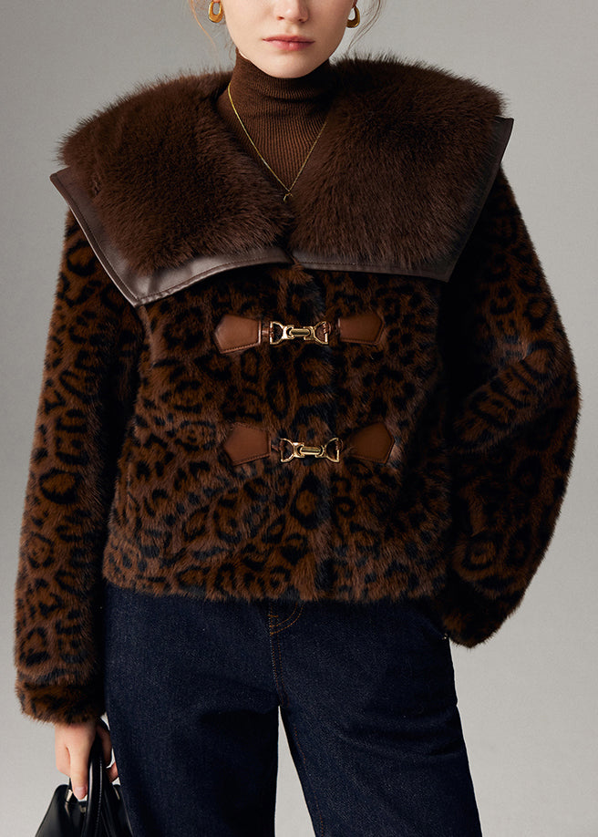 Plus Size Chocolate Leopard Patchwork Mink Velvet Jacket Winter