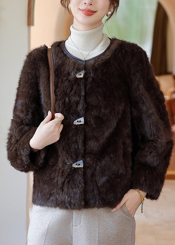 Plus Size Chocolate O-Neck Faux Fur Coat Winter
