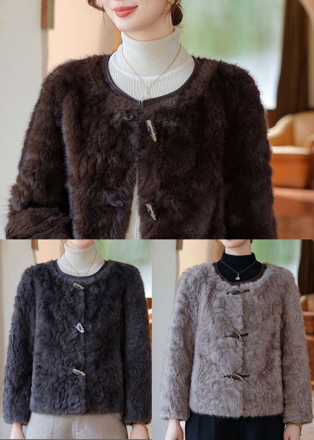 Plus Size Chocolate O-Neck Faux Fur Coat Winter