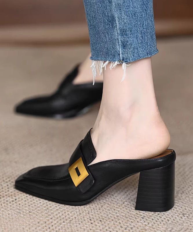 Plus Size Chunky Black Cowhide Leather Slide Sandals