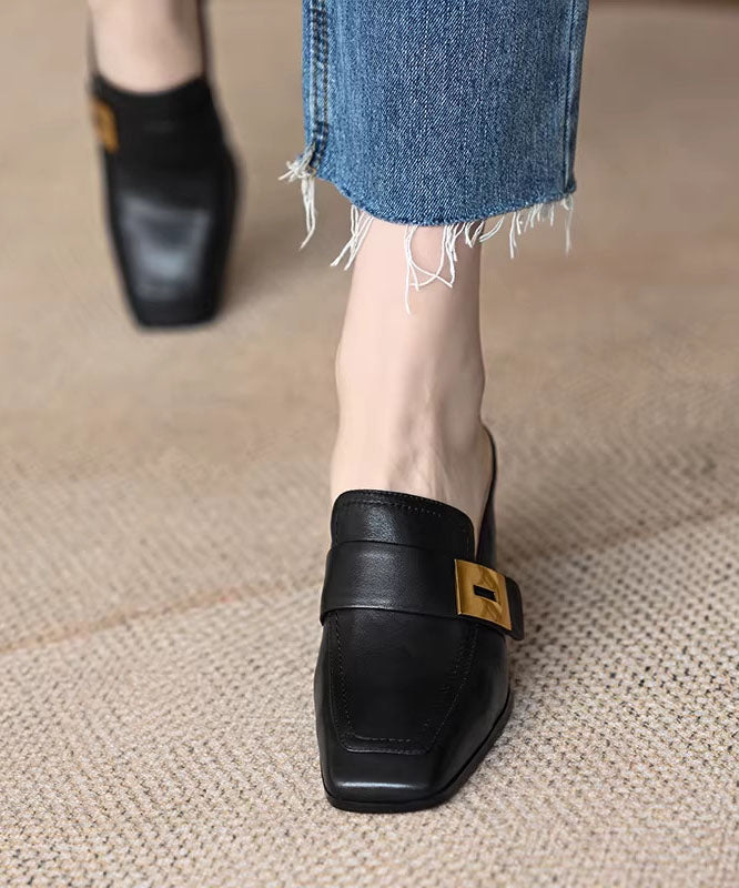 Plus Size Chunky Black Cowhide Leather Slide Sandals