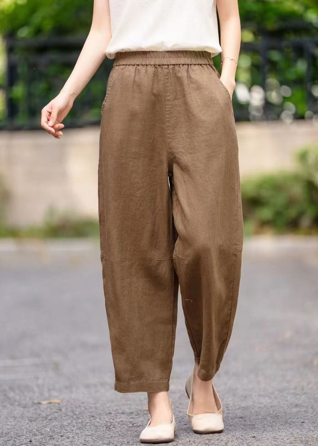 Plus Size Coffee Elastic Waist Linen Harem Pants Summer