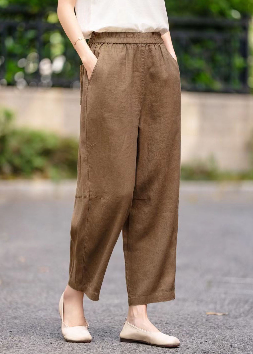 Plus Size Coffee Elastic Waist Linen Harem Pants Summer