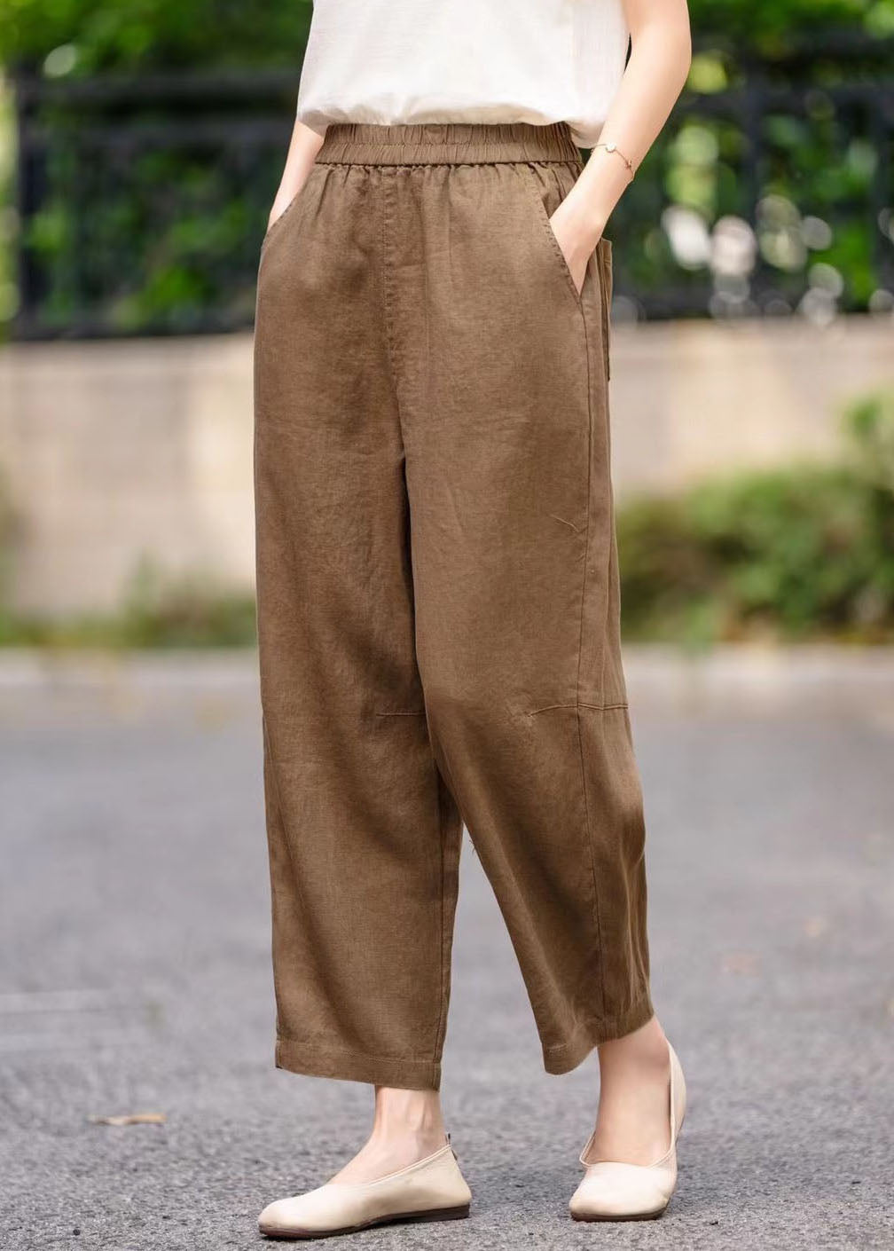 Plus Size Coffee Elastic Waist Linen Harem Pants Summer