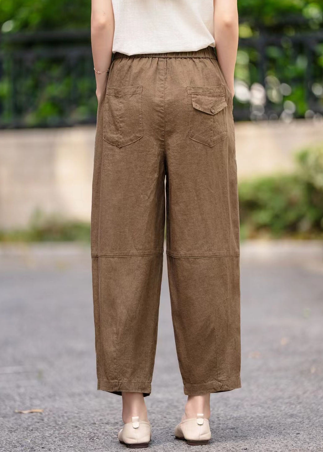 Plus Size Coffee Elastic Waist Linen Harem Pants Summer