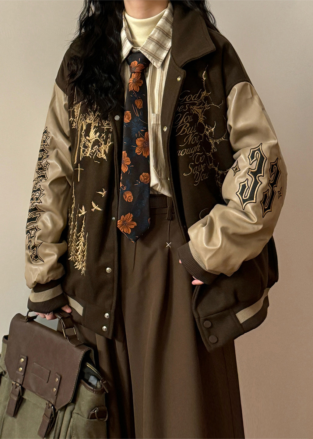 Plus Size Coffee Embroidered Faux Leather Patchwork Cotton Filled Parkas Winter