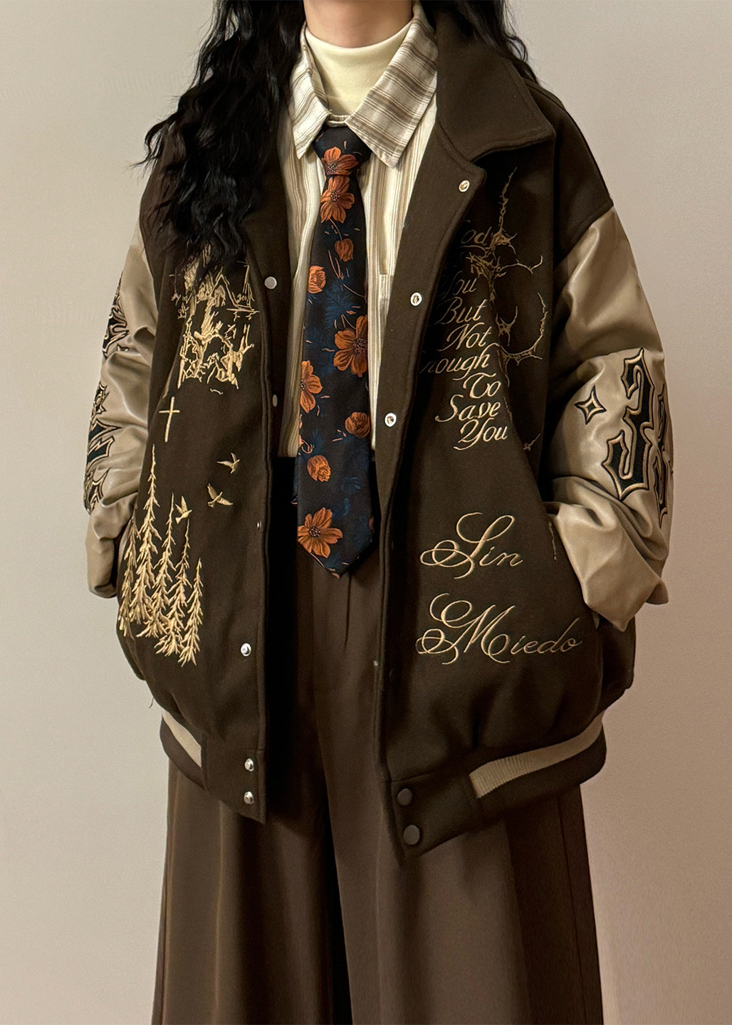 Plus Size Coffee Embroidered Faux Leather Patchwork Cotton Filled Parkas Winter