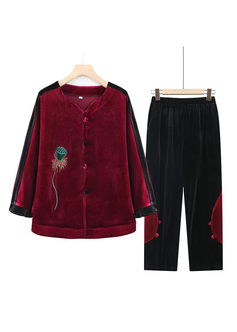 Plus Size Coffee Embroidered Patchwork Velvet Two Pieces Set Fall