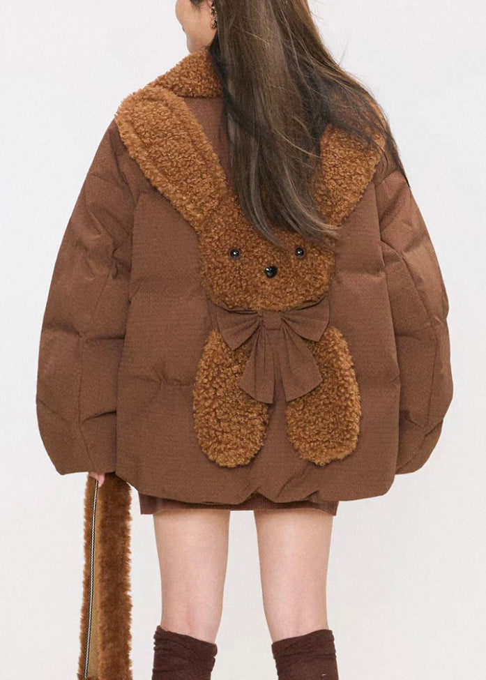 Plus Size Coffee Fluffy Rabbit Button Duck Down Puffers Coats Winter