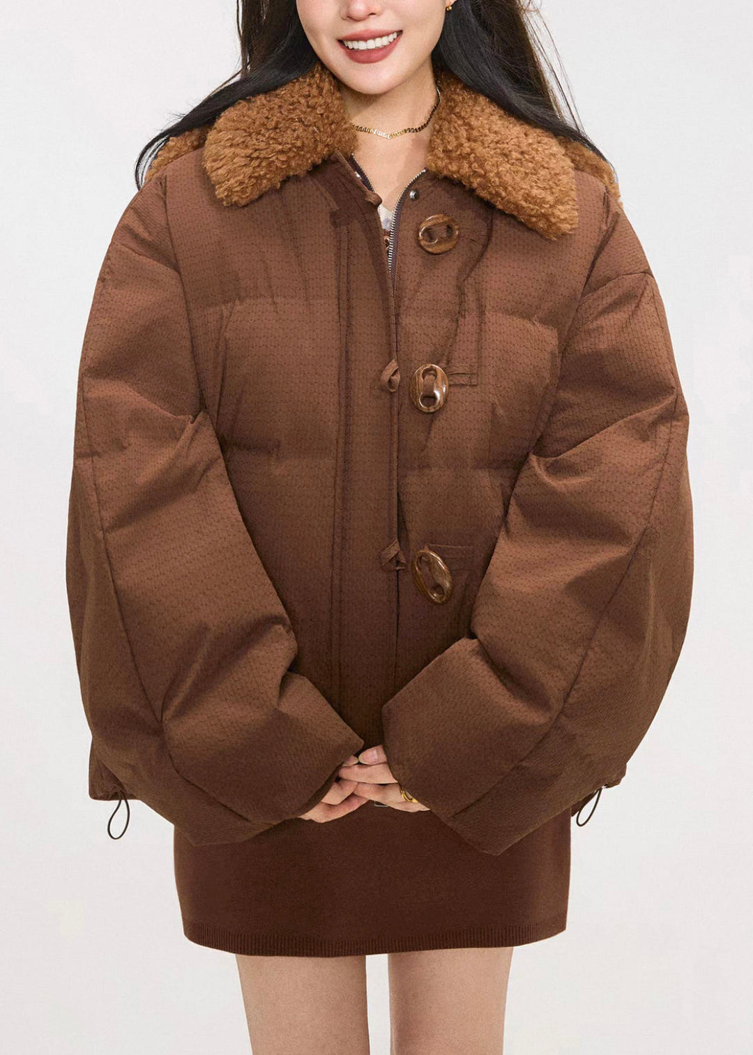 Plus Size Coffee Fluffy Rabbit Button Duck Down Puffers Coats Winter