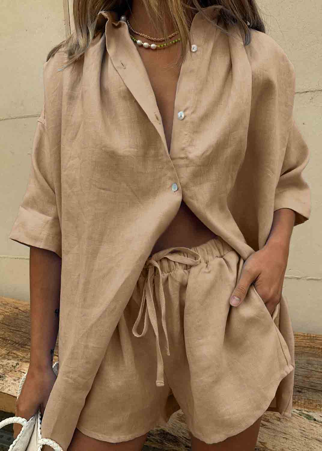 Plus Size Coffee Oversized Linen Two Pieces Set Summer