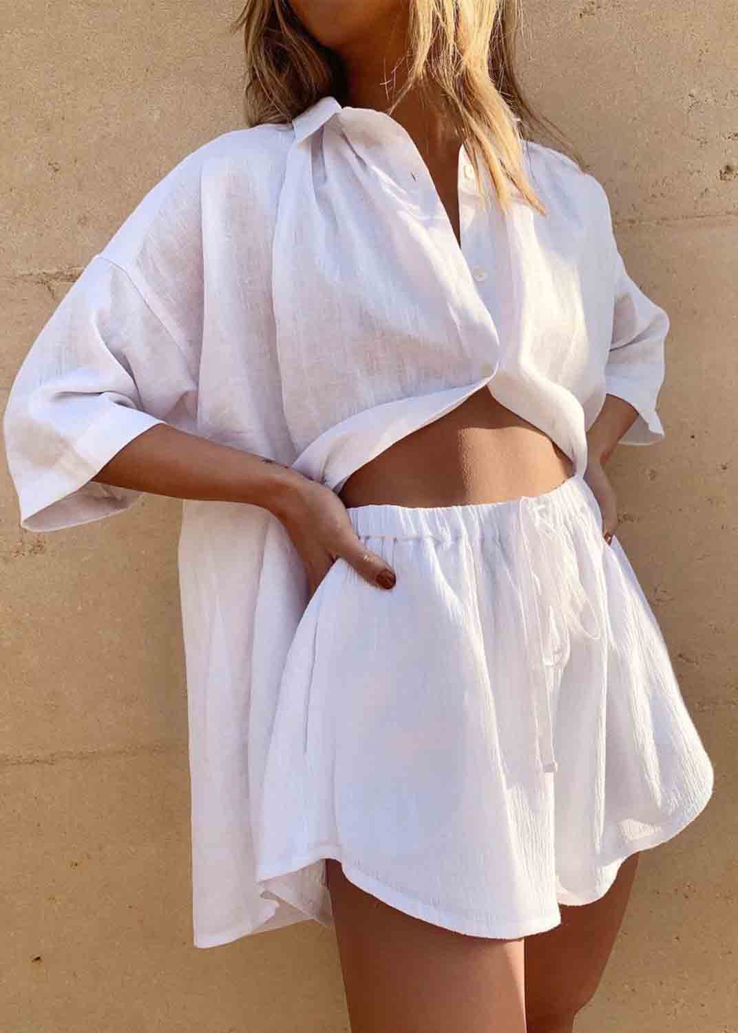 Plus Size Coffee Oversized Linen Two Pieces Set Summer