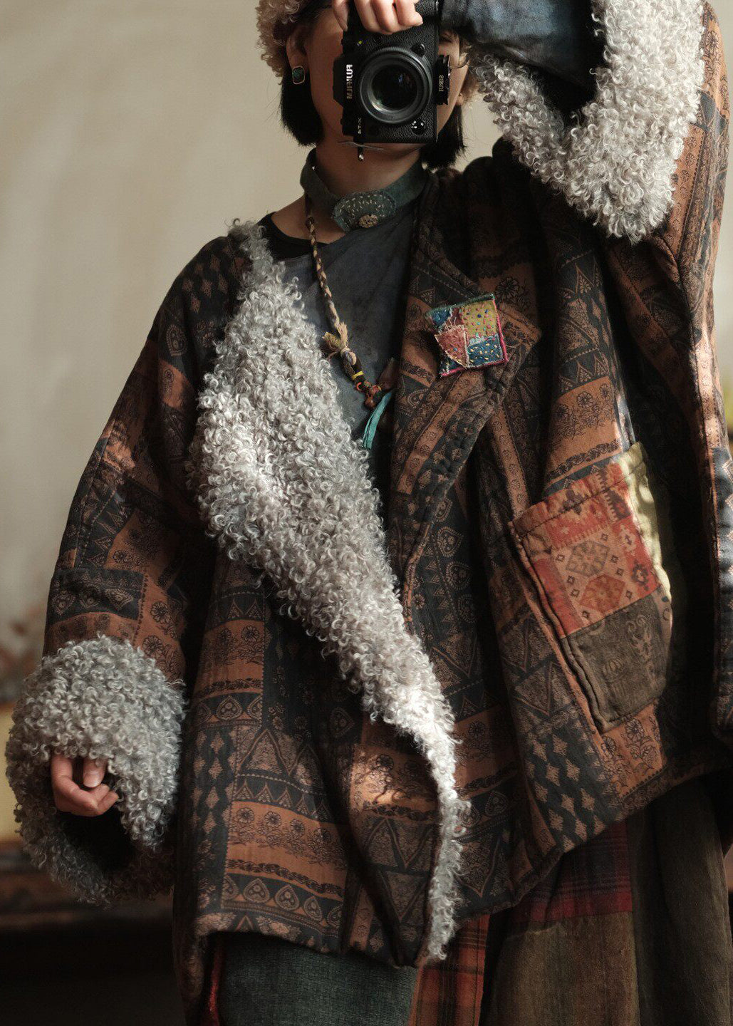 Plus Size Coffee Peter Pan Collar Print Faux Fur Patchwork Fine Cotton Filled Coat Winter