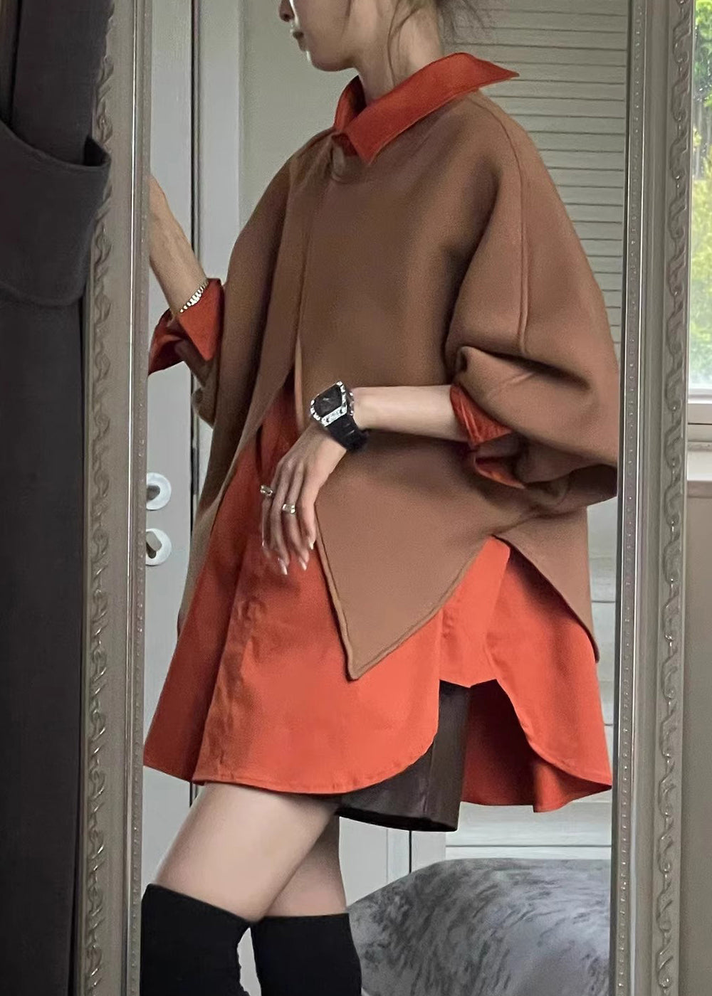 Plus Size Coffee Peter Pan Collar Sweatshirt And Shirts Two Piece Set Spring