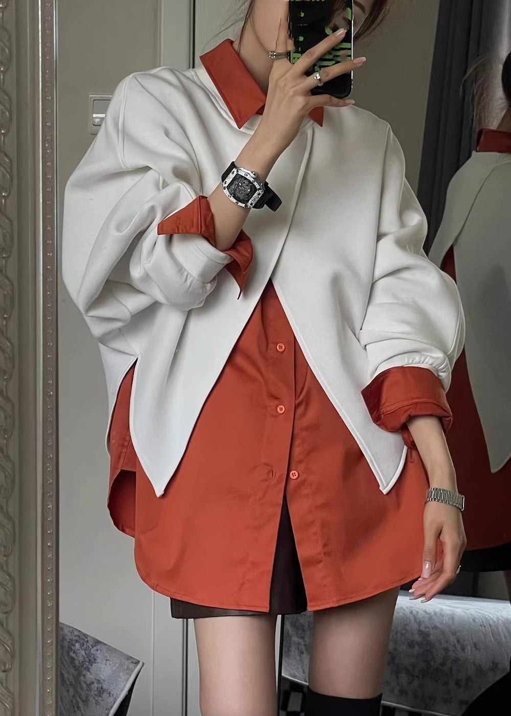 Plus Size Coffee Peter Pan Collar Sweatshirt And Shirts Two Piece Set Spring