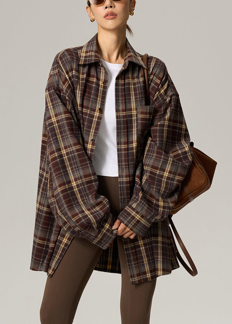 Plus Size Coffee Plaid Peter Pan Collar Plaid Button Shirts Fall