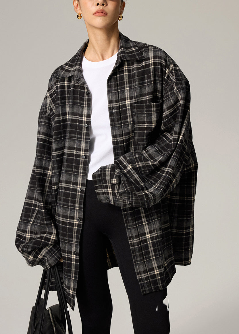 Plus Size Coffee Plaid Peter Pan Collar Plaid Button Shirts Fall