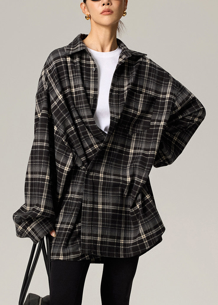 Plus Size Coffee Plaid Peter Pan Collar Plaid Button Shirts Fall