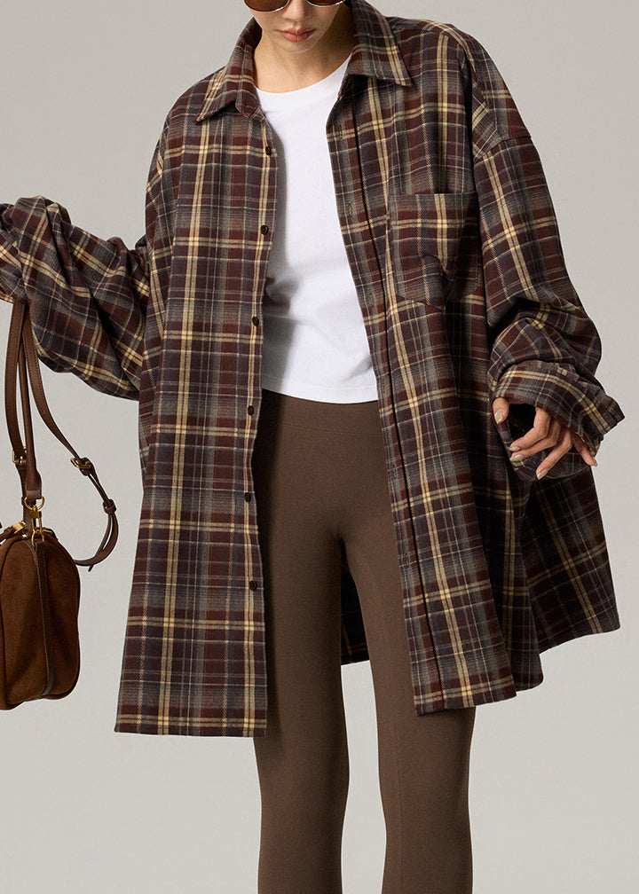 Plus Size Coffee Plaid Peter Pan Collar Plaid Button Shirts Fall