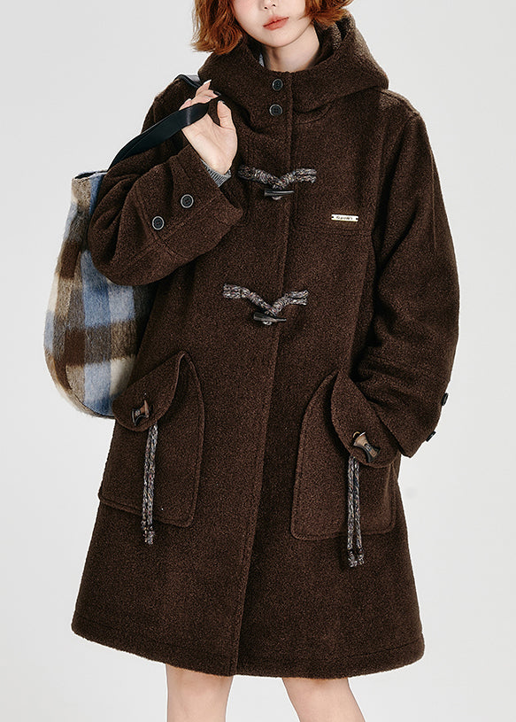 Plus Size Coffee Pockets Button Woolen Hoodie Coat Winter