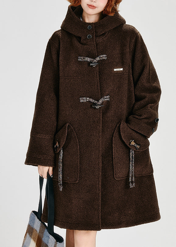 Plus Size Coffee Pockets Button Woolen Hoodie Coat Winter