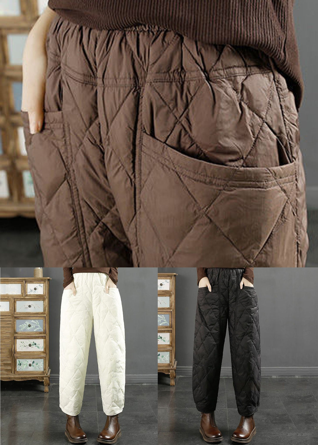 Plus Size Coffee Pockets Fine Cotton Filled Crop Pants Winter