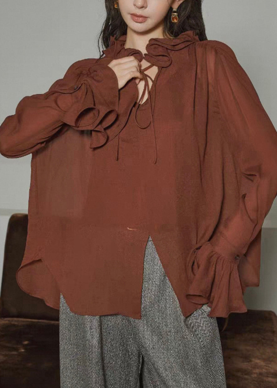 Plus Size Coffee Ruffled Lace Up Silk Cotton Shirts Fall