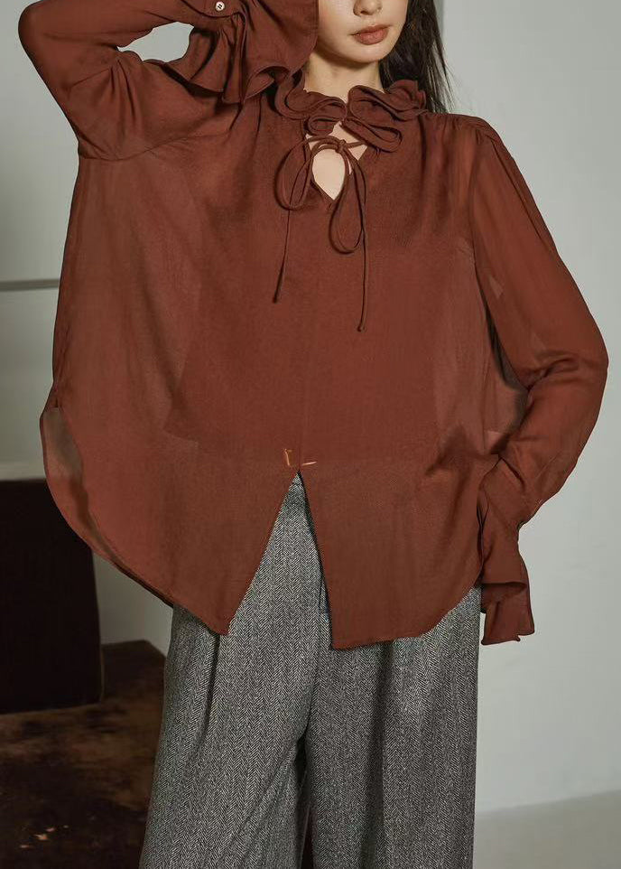 Plus Size Coffee Ruffled Lace Up Silk Cotton Shirts Fall