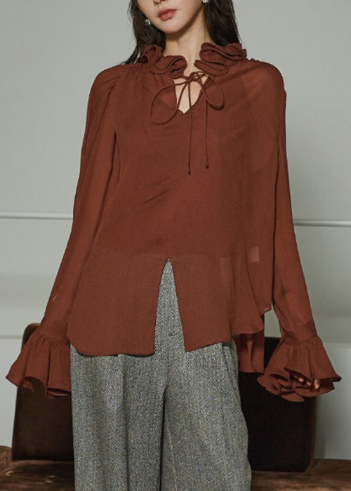 Plus Size Coffee Ruffled Lace Up Silk Cotton Shirts Fall