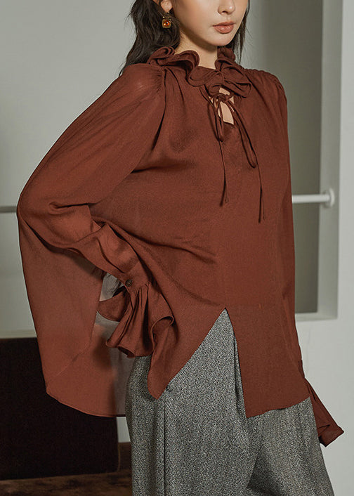Plus Size Coffee Ruffled Lace Up Silk Cotton Shirts Fall