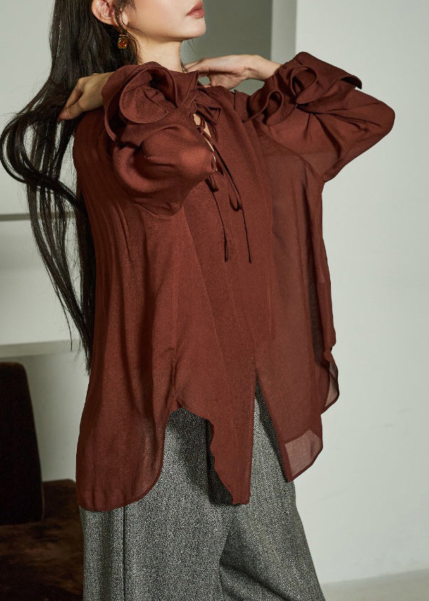 Plus Size Coffee Ruffled Lace Up Silk Cotton Shirts Fall