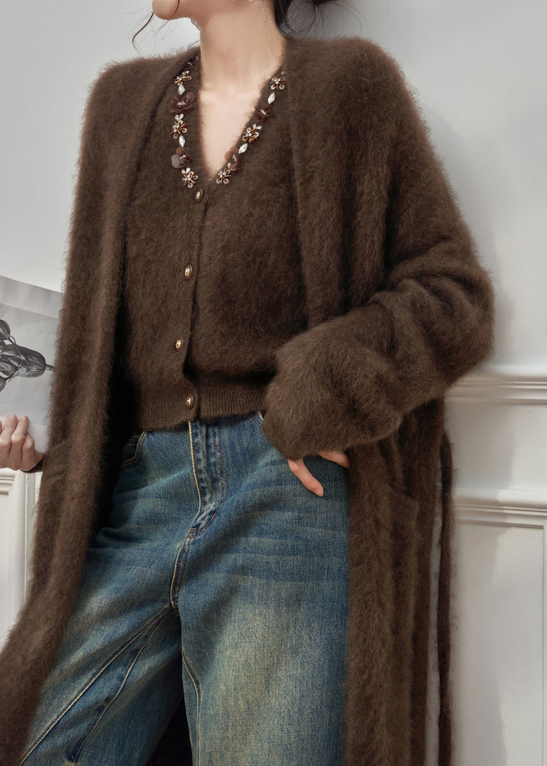 Plus Size Coffee Sequins Pockets Cardigans And Vest Ma Hai Mao Two Pieces Set Winter