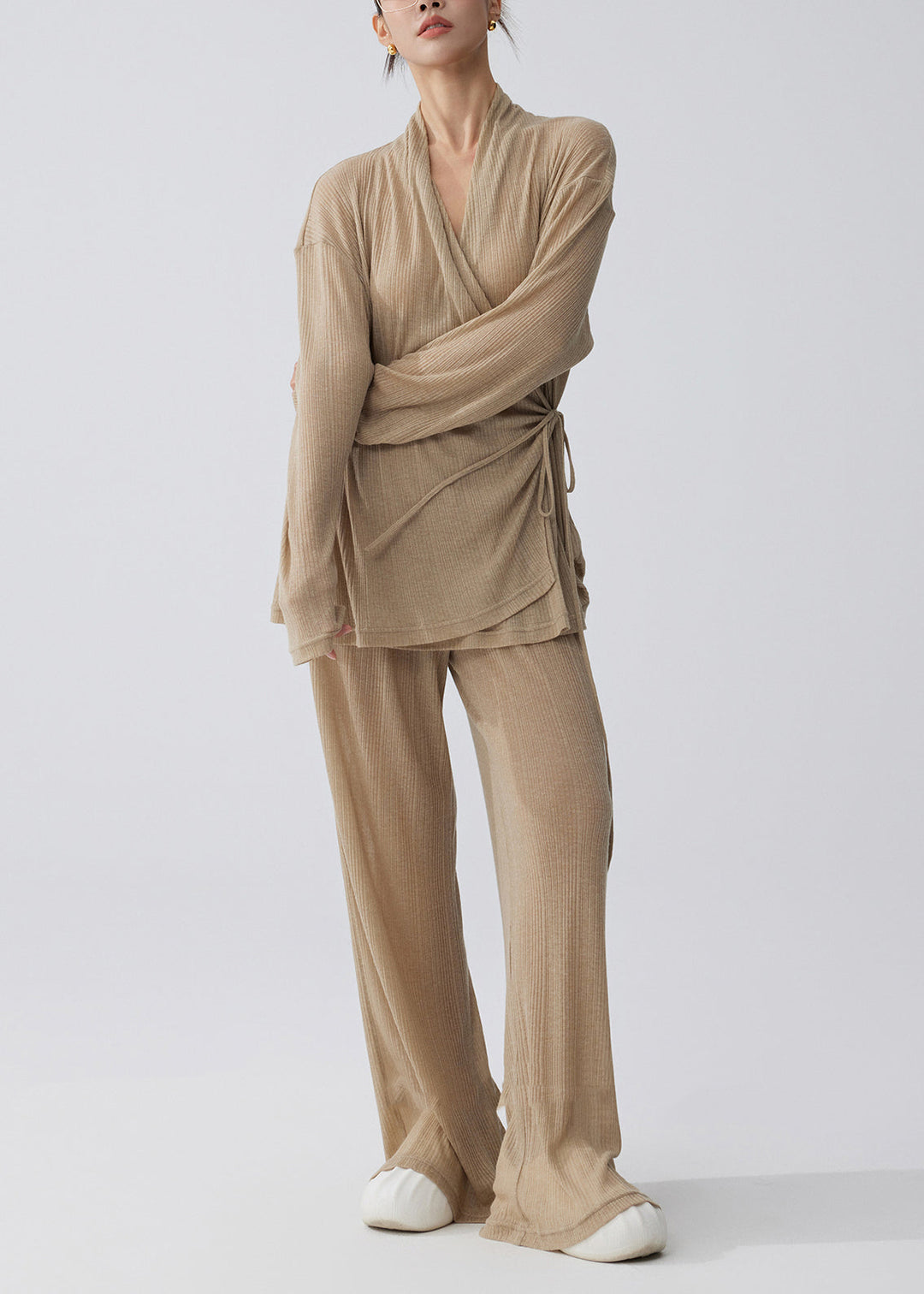 Plus Size Coffee Tie Waist Side Knit Two Pieces Set Summer